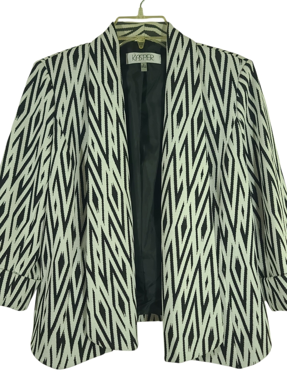 Kasper Black White Geometric Ikat Open Front Blazer Jacket Size 4